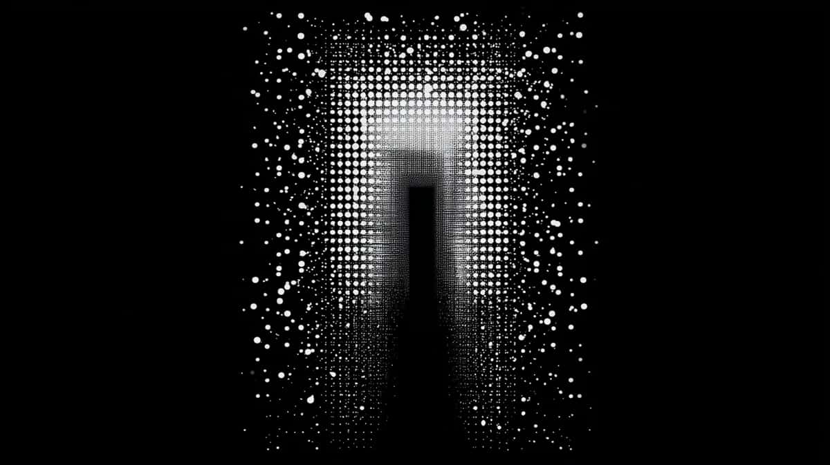Silhouetted figure standing in glowing white rectangular portal surrounded by dispersing particles on black background