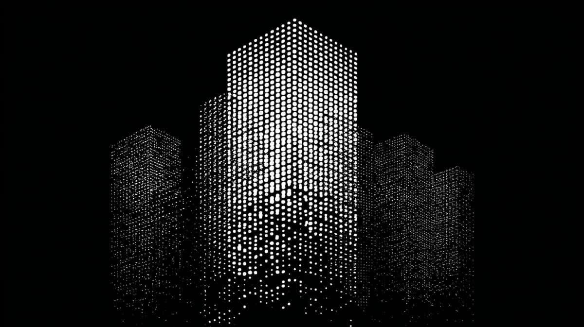 Abstract tall tower with pixelated gradient dissolving into darkness, monochromatic black and white
