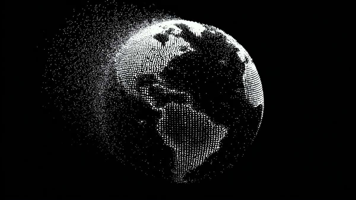 Globe of white dots showing the Americas on black, particles trailing off the left edge