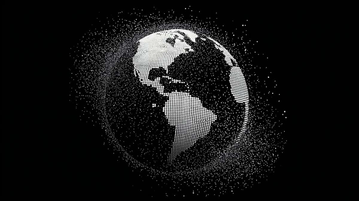 Earth globe with particle dispersion effect on black background, monochromatic white and black