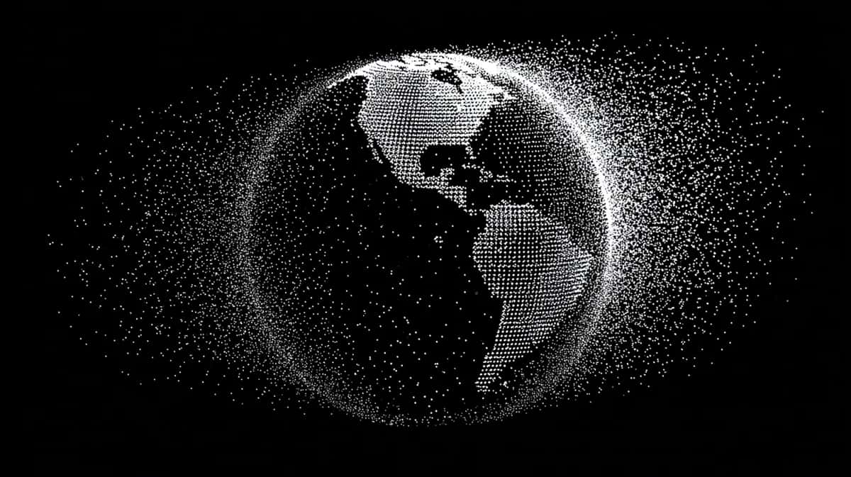 Digital globe with particle dispersion effect on black background, monochromatic white and gray