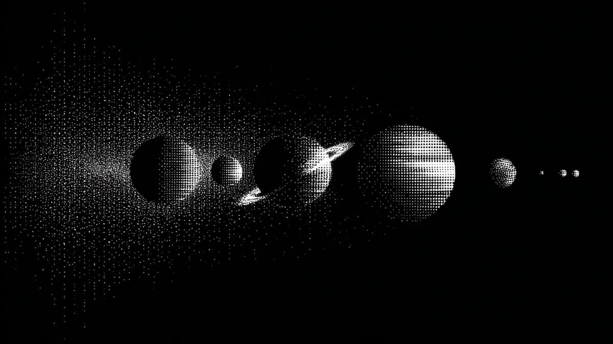 Solar system planets arranged in line, monochrome grayscale on black background
