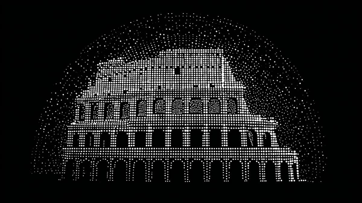 Ancient Roman colosseum rendered in dotted halftone pattern against black background