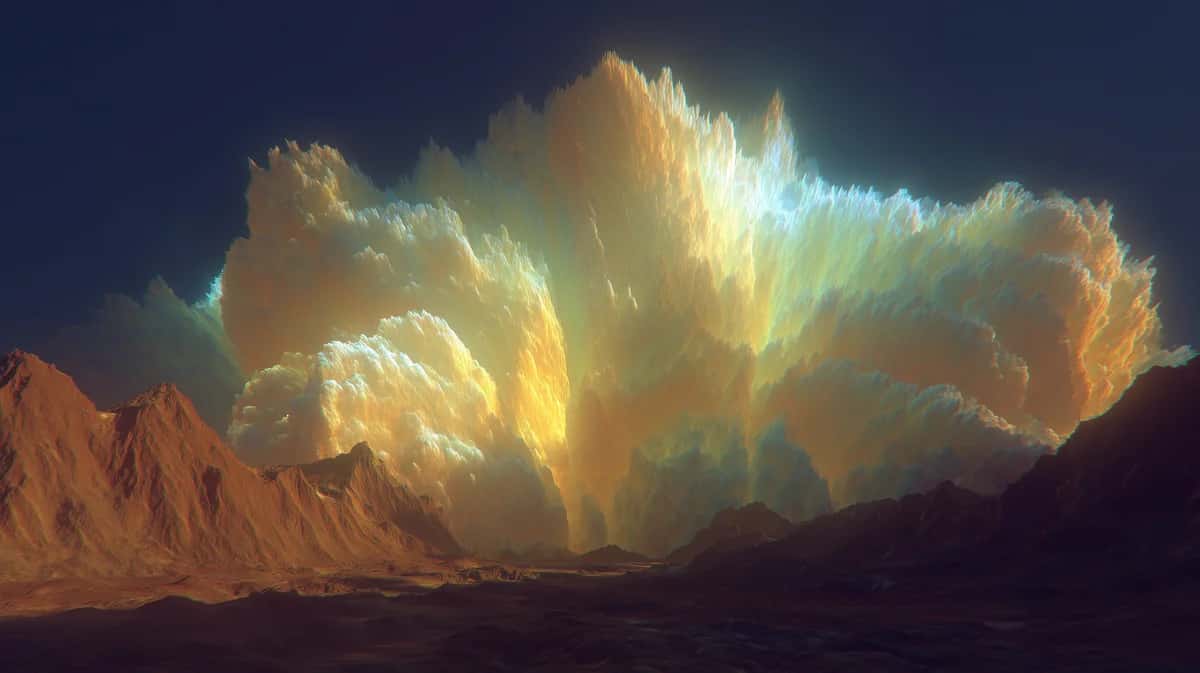 Dramatic luminescent cloud formation with golden yellow and turquoise light, desert mountains silhouetted below