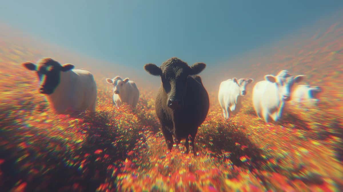 Herd of cattle walking through golden wildflower field, warm sunset lighting, motion blur effect