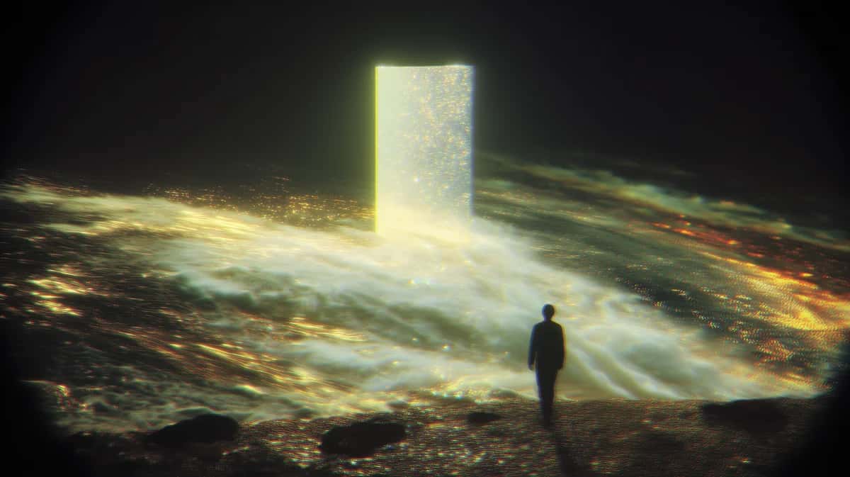 Silhouetted figure standing before glowing portal, golden light rays on dark landscape