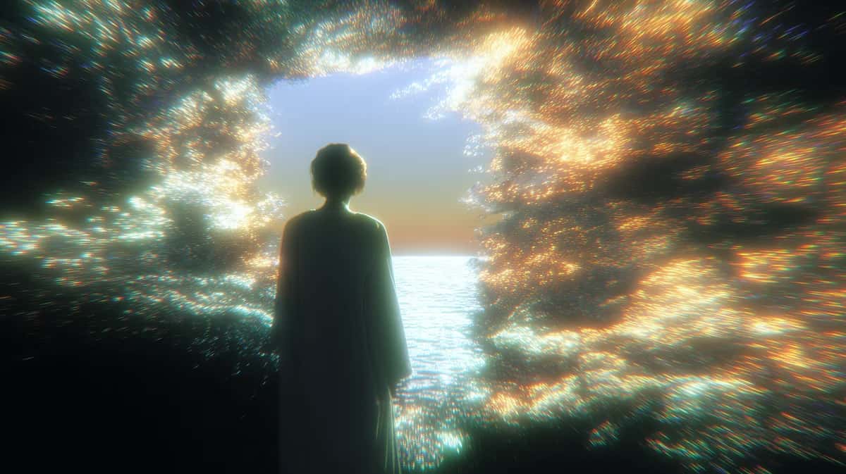 Silhouetted figure facing glowing portal with golden and teal light rays, dramatic sky