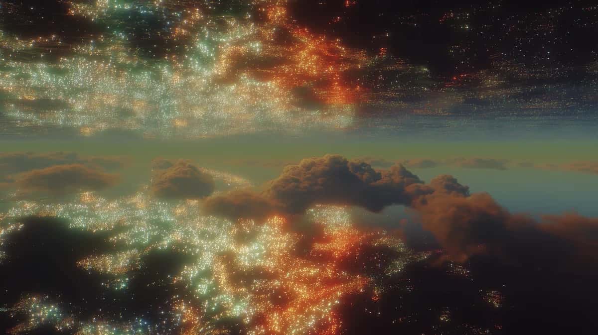 Dramatic sky with golden and copper clouds, deep blues and blacks, ethereal light rays piercing through