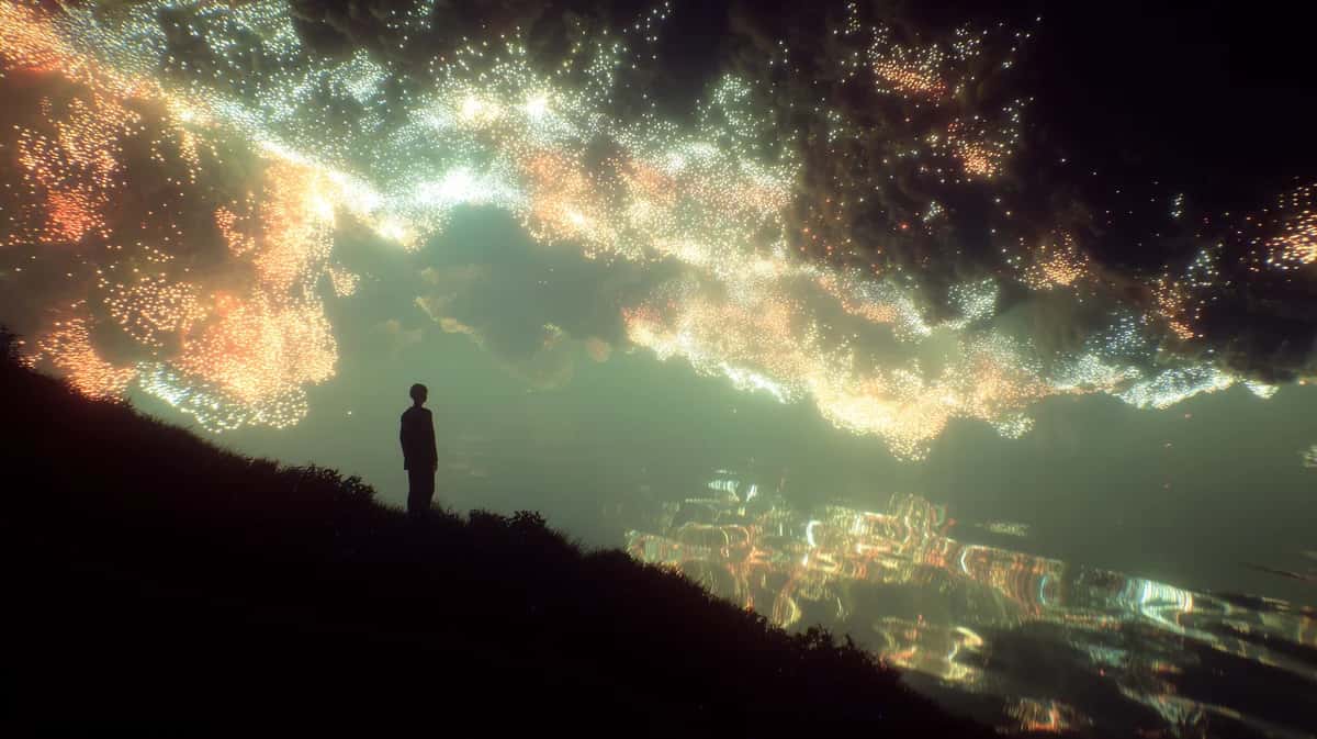 Silhouetted figure standing on hilltop overlooking glowing city lights at night, emerald and golden tones