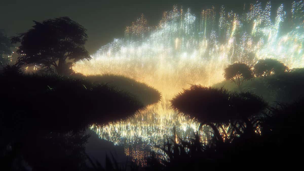 Misty forest river at dawn, golden light filtering through silhouetted trees, mirror reflection