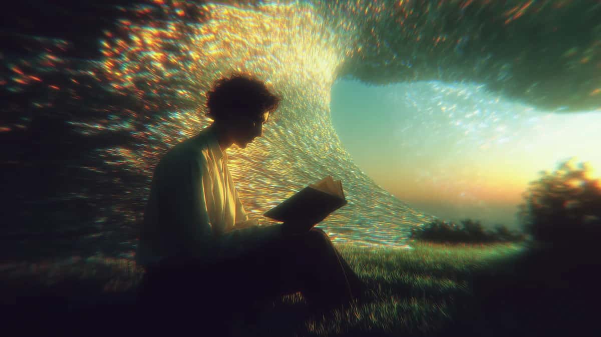 Silhouetted figure holding tablet beneath golden light rays and turquoise sky