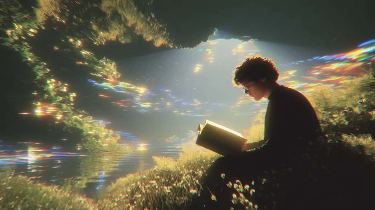 Person reading book outdoors surrounded by glowing light rays and nature foliage