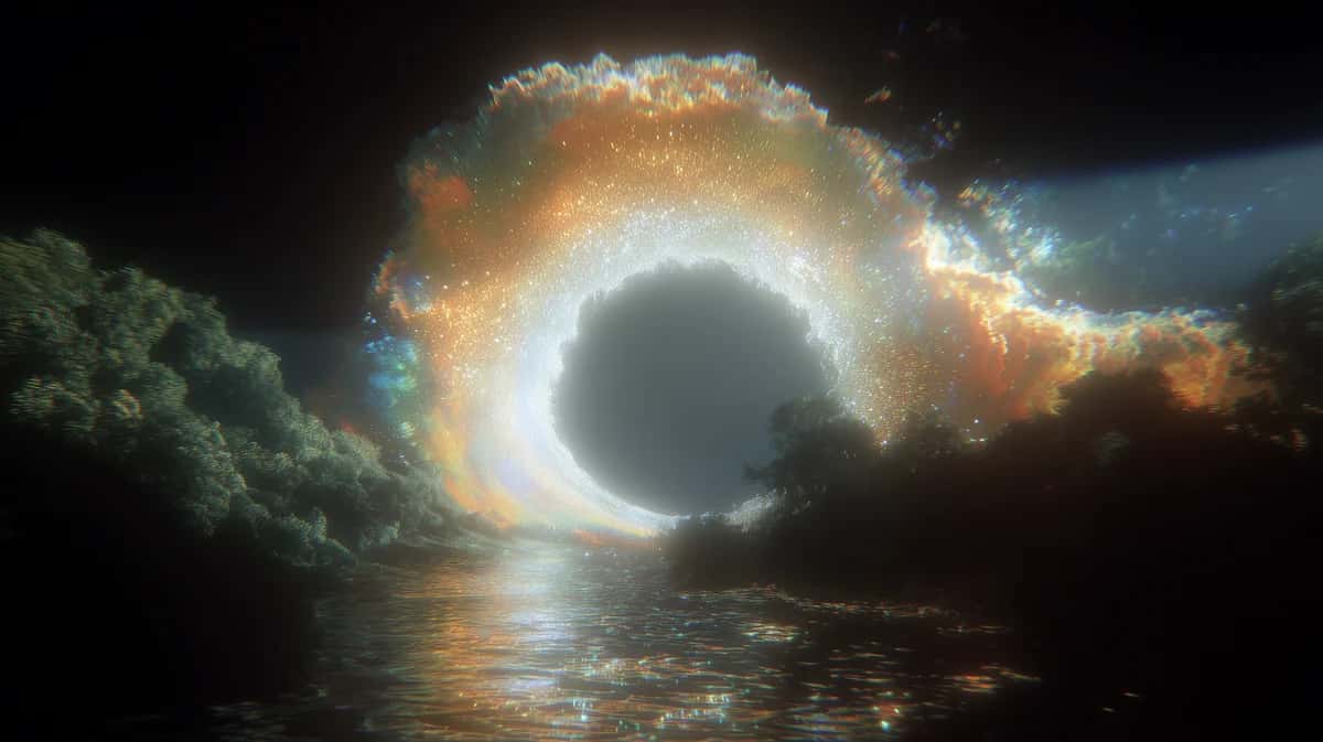Surreal tunnel portal with glowing golden light, dark rocky cavern walls, reflective water below