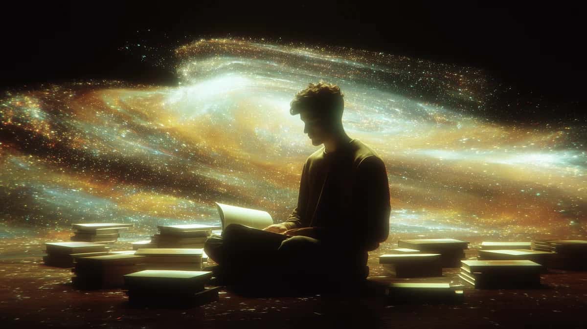 Silhouetted figure at laptop surrounded by glowing golden spiral galaxy, dark background