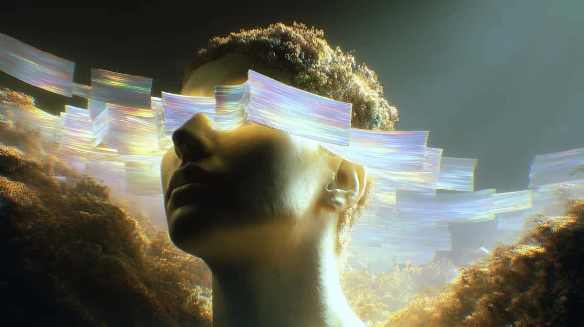Golden silhouette figure against glowing crystalline geometric structure, warm amber lighting