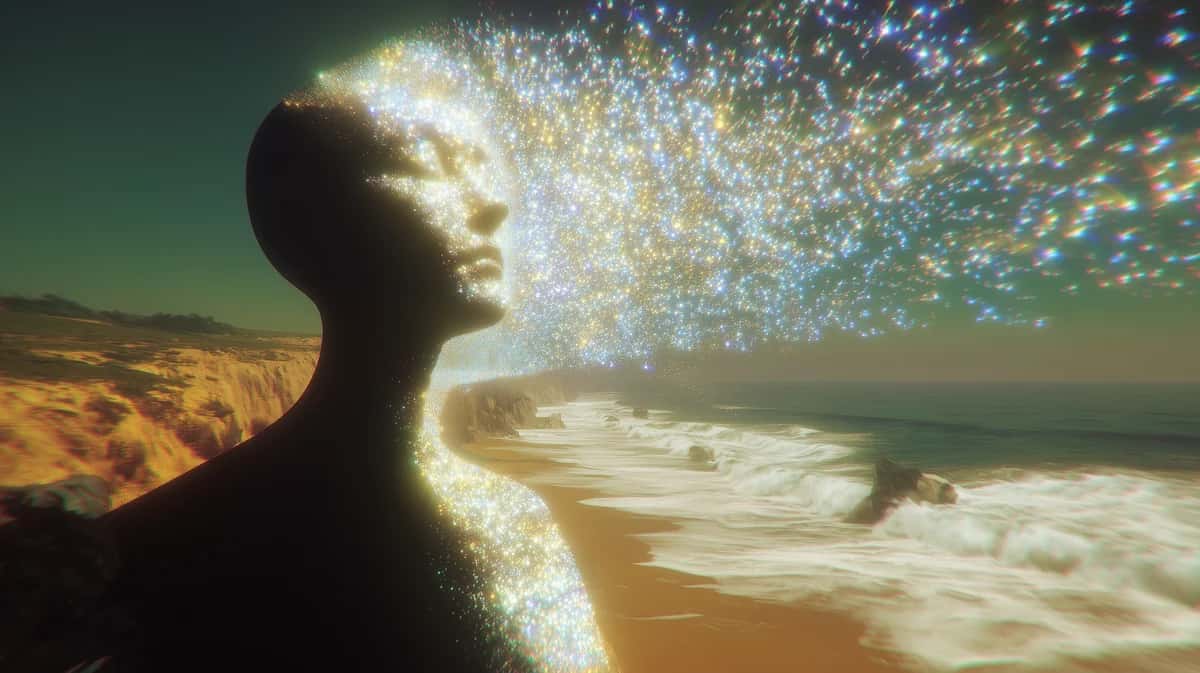 Silhouetted profile with glowing particles dispersing into coastal beach landscape at sunset