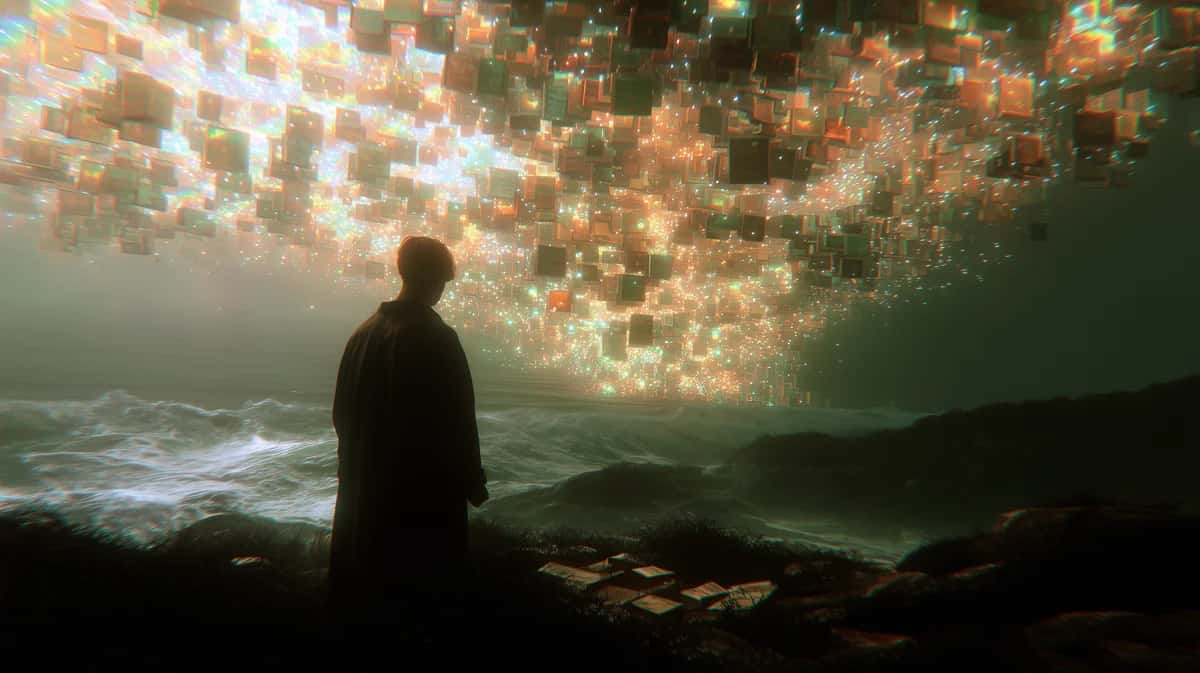 Silhouetted figure gazing at pixelated golden light bursting over stormy ocean landscape