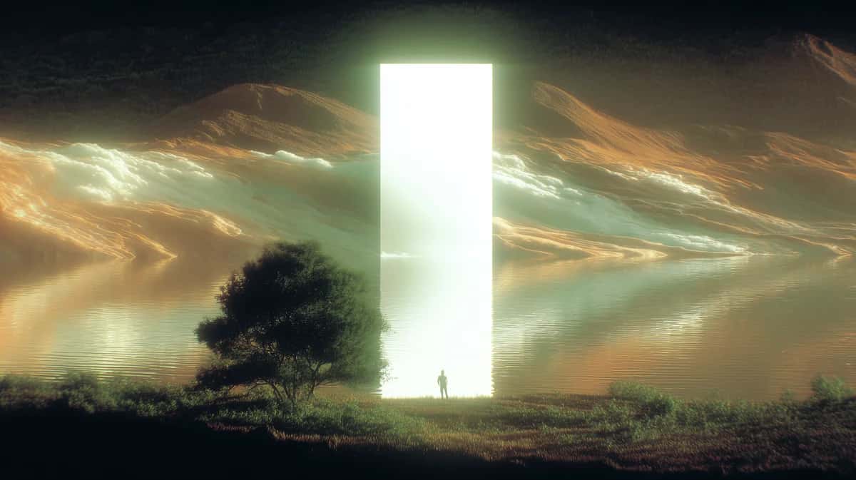 Silhouetted figure beneath glowing white rectangular portal in surreal desert landscape with golden sky