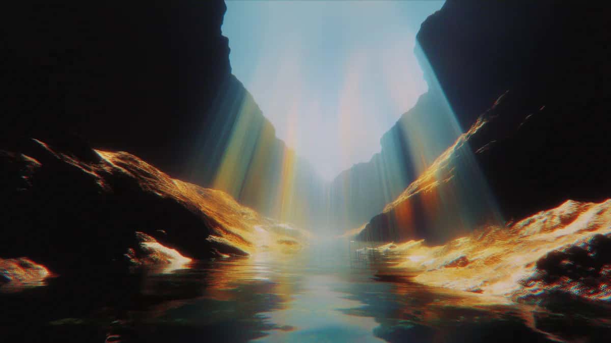 Narrow canyon with golden glowing rock walls and light beams streaming onto calm water