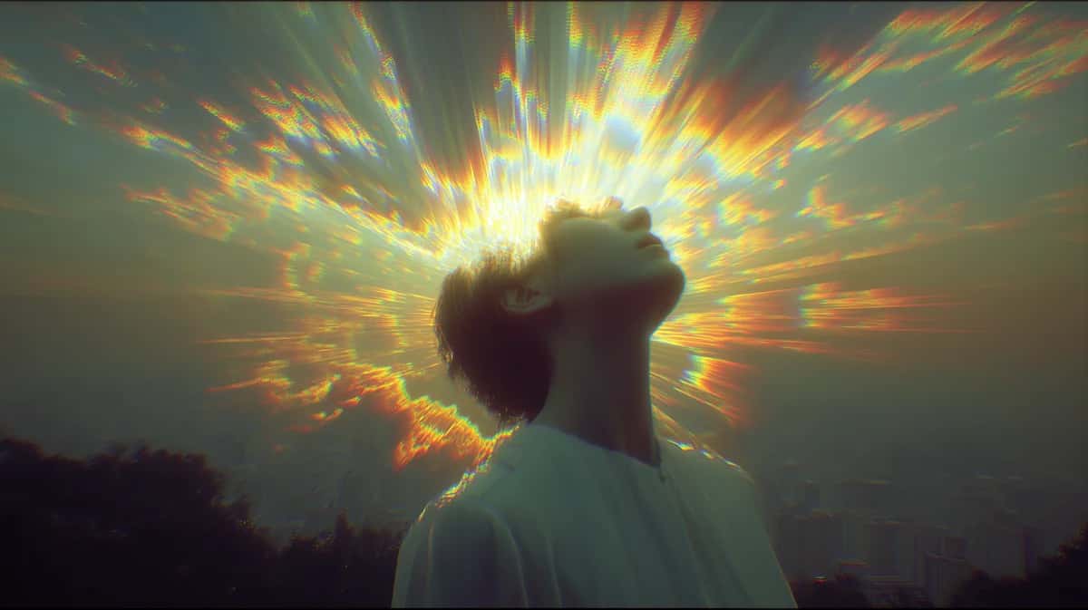 Silhouetted person profile with dramatic golden sunburst rays, teal and warm orange sky