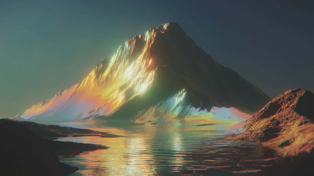 Majestic mountain peak with golden sunlight reflecting on still water at sunset