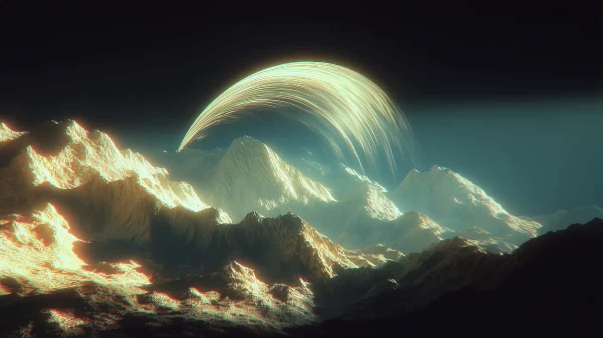 Surreal alien planet with massive crescent moon, golden clouds illuminated against dark teal sky