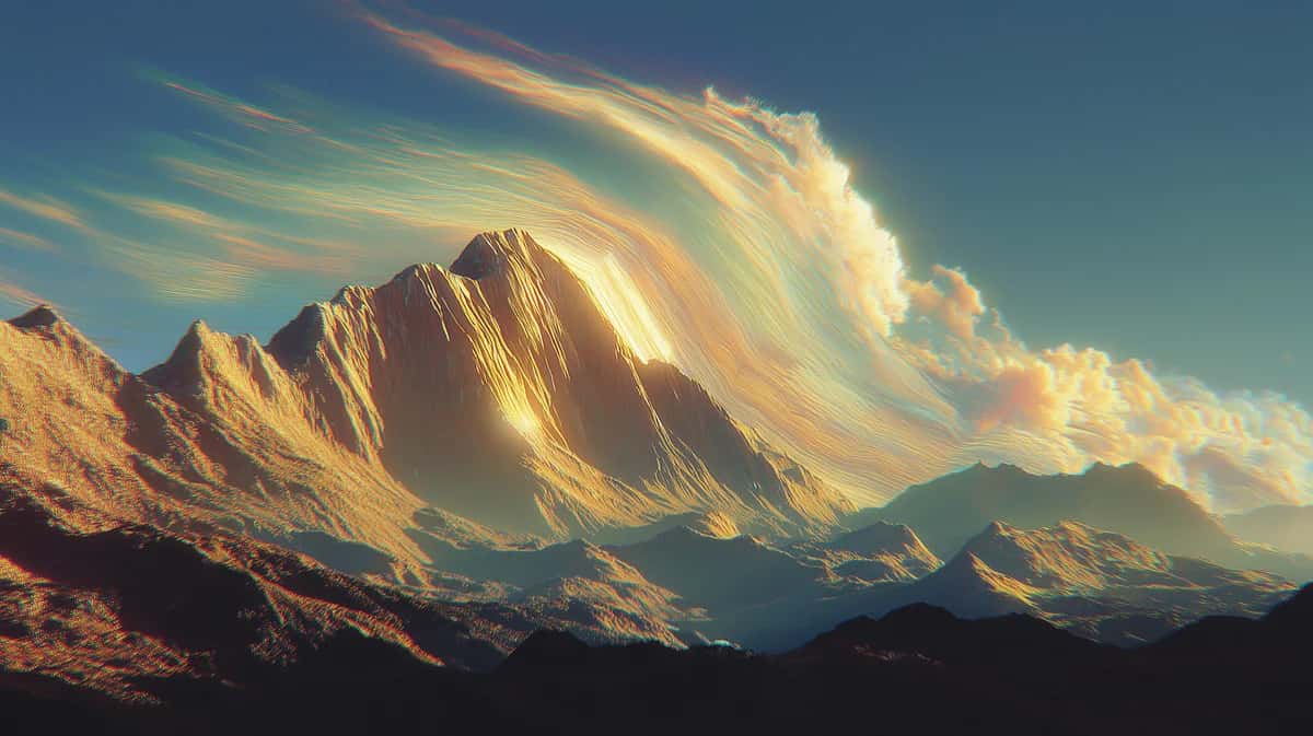 Golden-lit mountain peak with dramatic clouds, warm amber and blue tones, alpine landscape composition