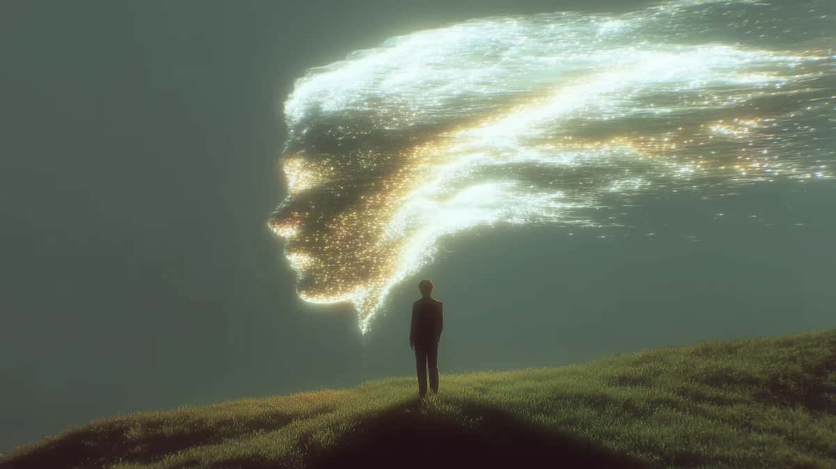Solitary figure standing on hillside beneath luminous golden silhouette against teal sky