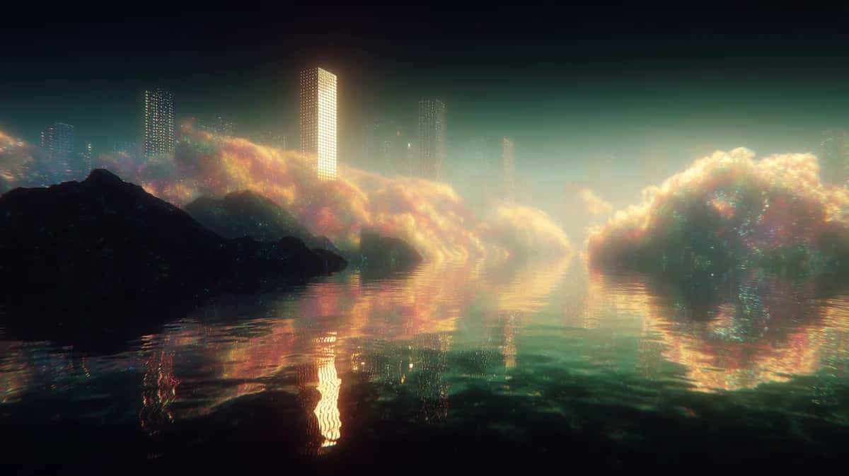 Futuristic cityscape with glowing geometric structures reflected in still water, golden and green luminescence