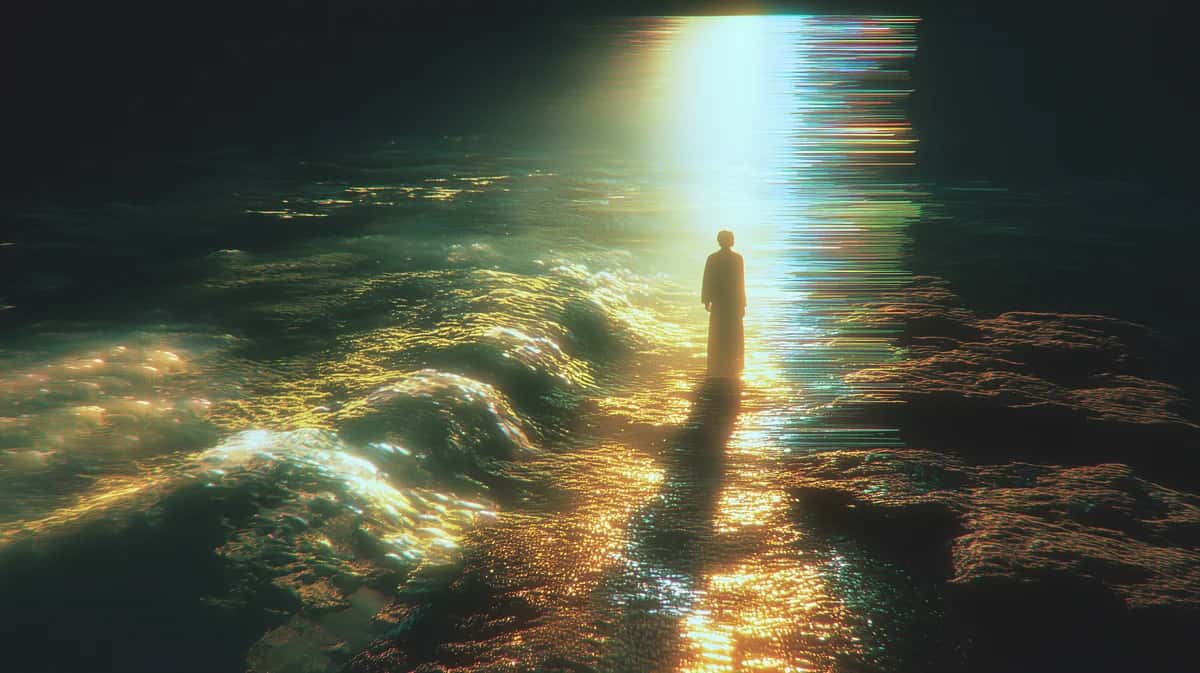 Solitary figure standing in golden light amid swirling clouds and atmospheric rays