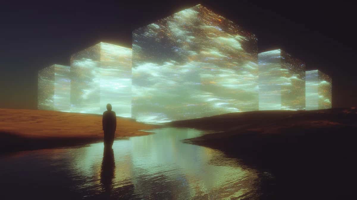 Solitary figure standing in shallow water facing massive glowing cloud formation at dusk