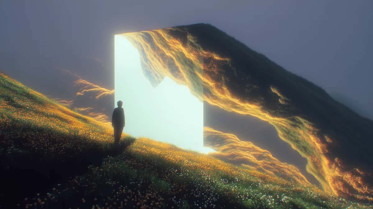 Glowing white monolith on a misty flower-covered hillside with a small silhouetted figure