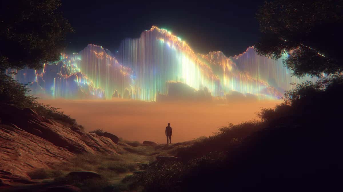 Silhouetted figure in desert canyon beneath glowing neon light formation, warm orange and cool blues