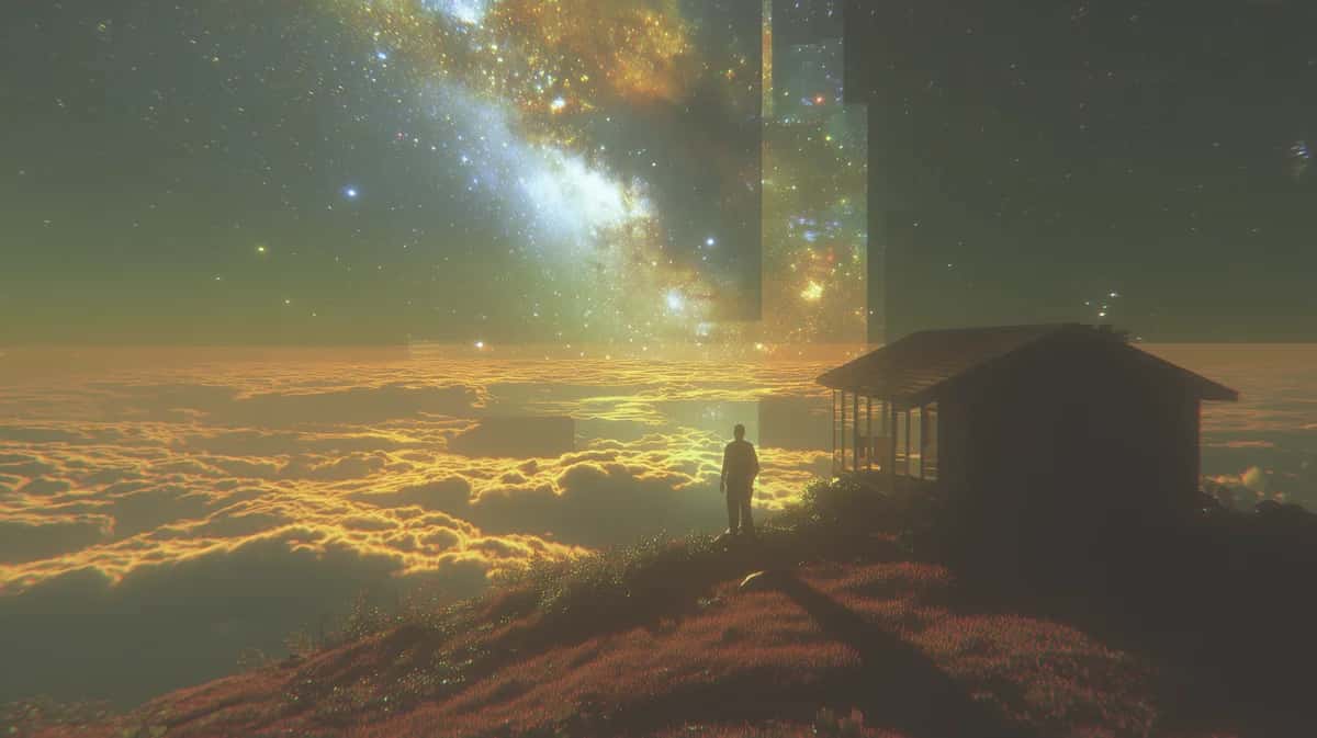 Silhouetted figure standing before wooden cabin overlooking golden clouds and starlit sky