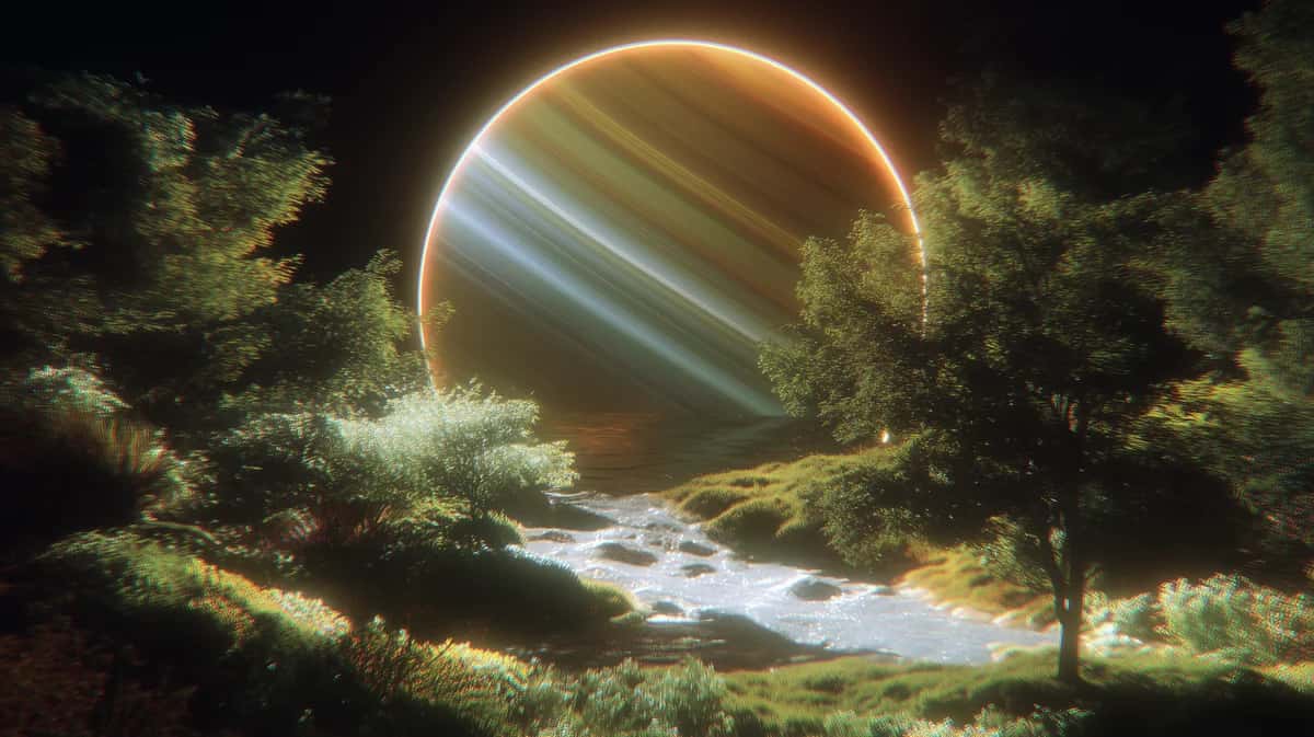 Glowing planet with rings hovering above forest stream, golden light, lush green trees