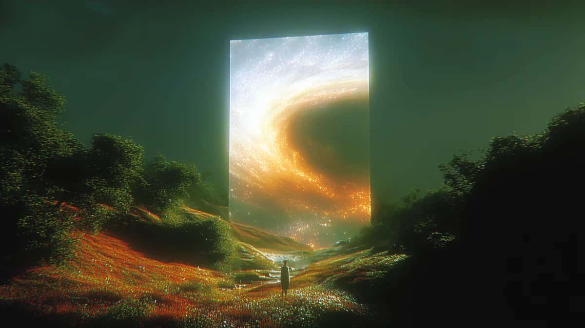 Surreal portal landscape with golden light, forest silhouettes, and green sky at dusk