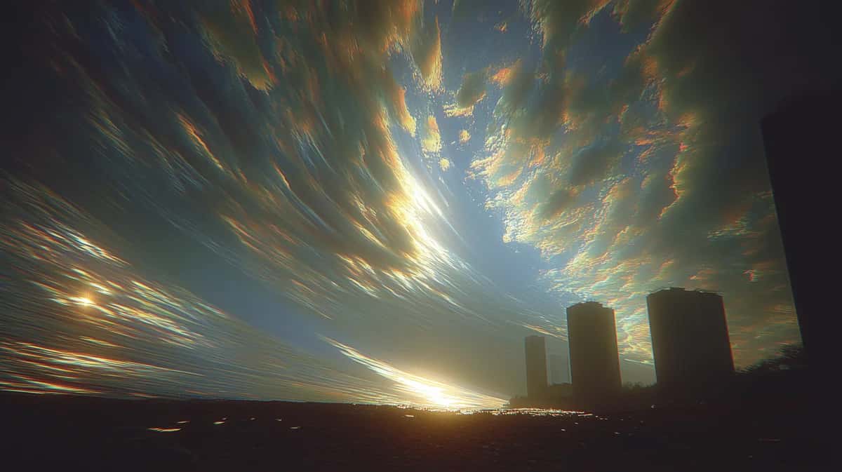 Dramatic sky with golden sunrays bursting through clouds above city skyline at dusk