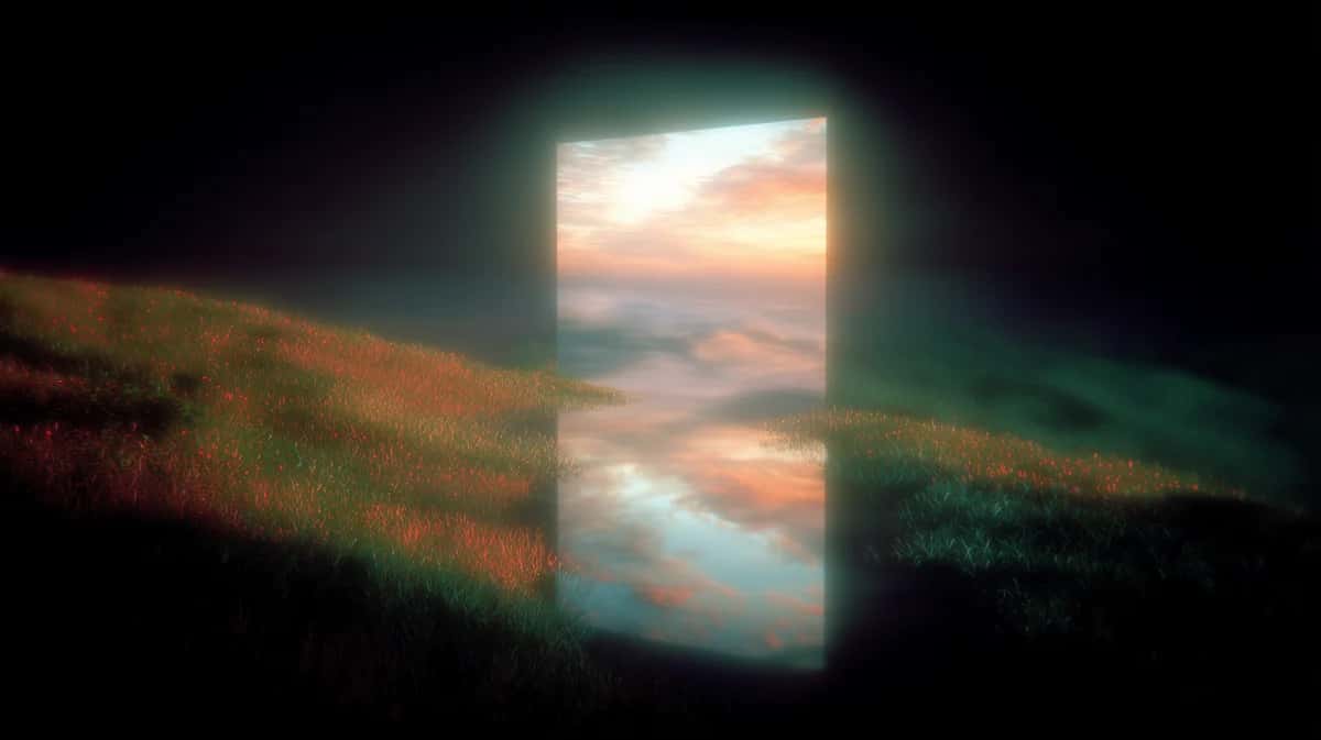 Open doorway revealing sunset sky over misty landscape, golden and orange tones against dark foreground