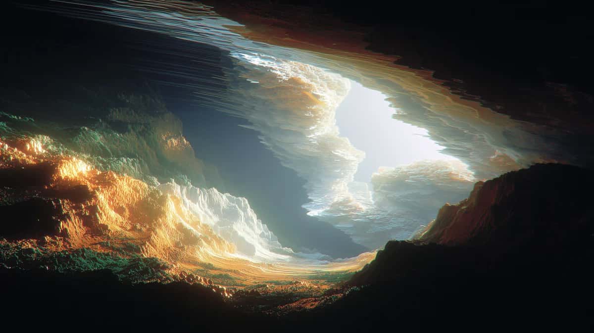 Golden light streaming through rocky cave opening, dramatic sky and clouds, warm orange and cool blue tones