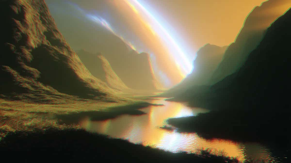 Mountain valley with golden sunlight streaming through peaks, reflective water below, dramatic canyon landscape
