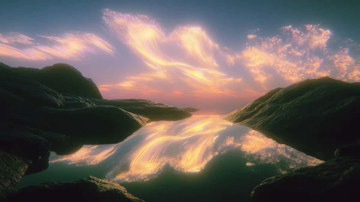 Mountain valley sunset with golden clouds reflecting in still water, emerald green hills