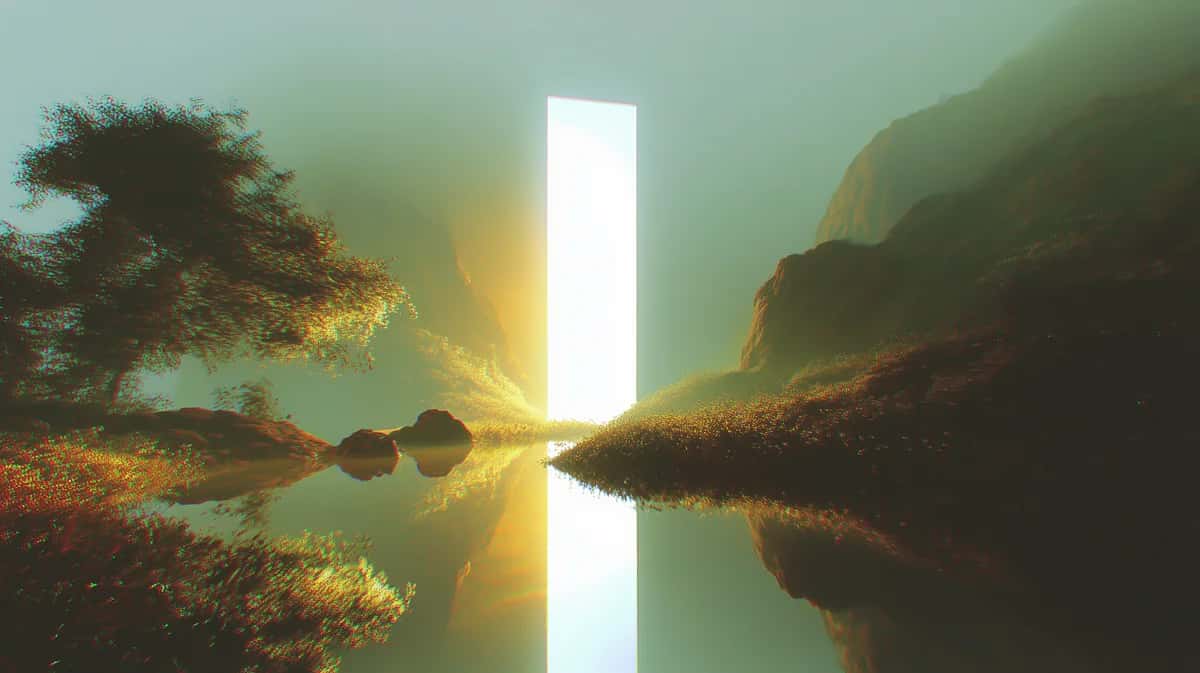Ethereal mountain landscape with glowing vertical light portal, golden sunlight, misty fog, and water reflection