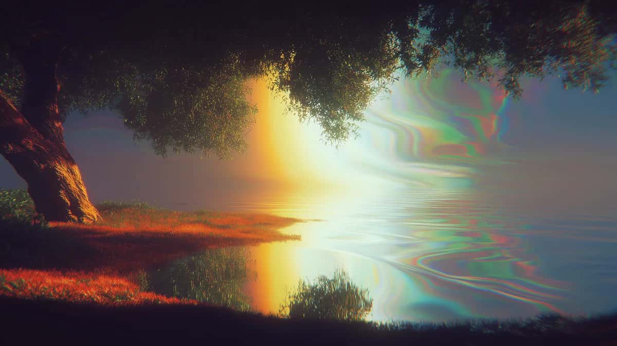 Lakeside at dusk with dark tree, warm golden glow, and rainbow shimmer across the water