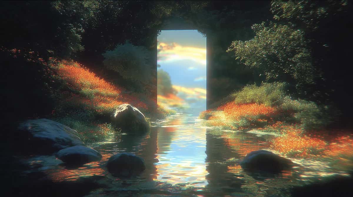 Mystical stone archway framing golden sunset over water, surrounded by amber foliage and dark forest