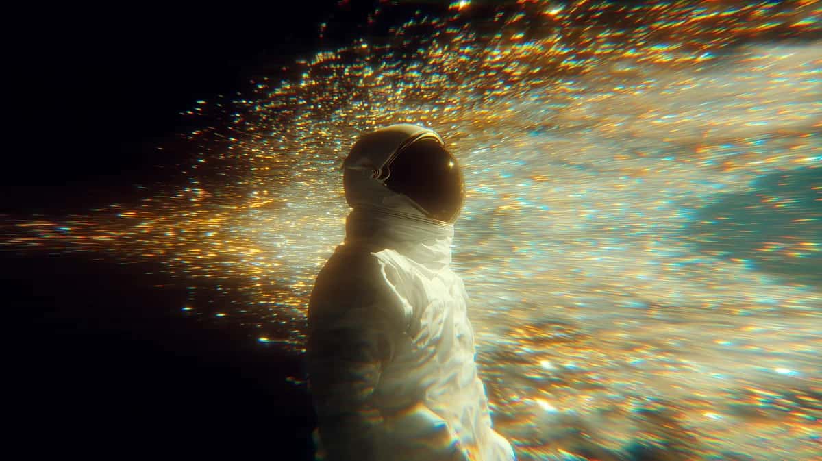 Person in white shirt amid golden sparks and turquoise light, dynamic motion blur composition