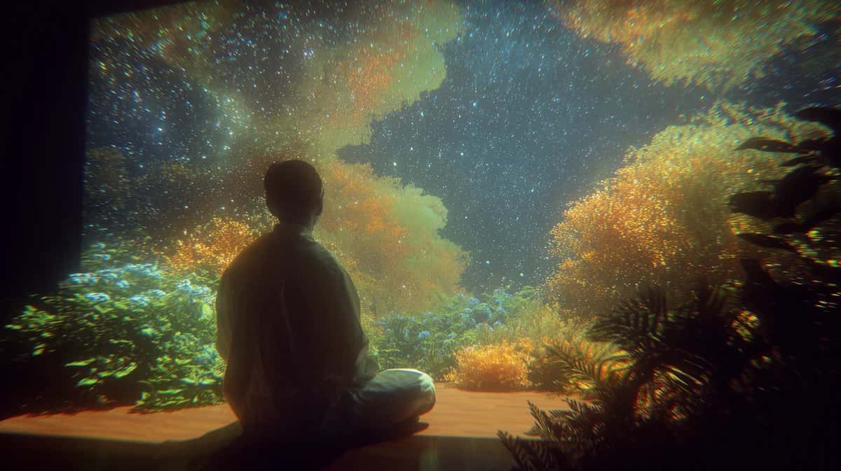 Silhouetted figure meditating before cosmic starfield with golden nebulae and aquamarine light