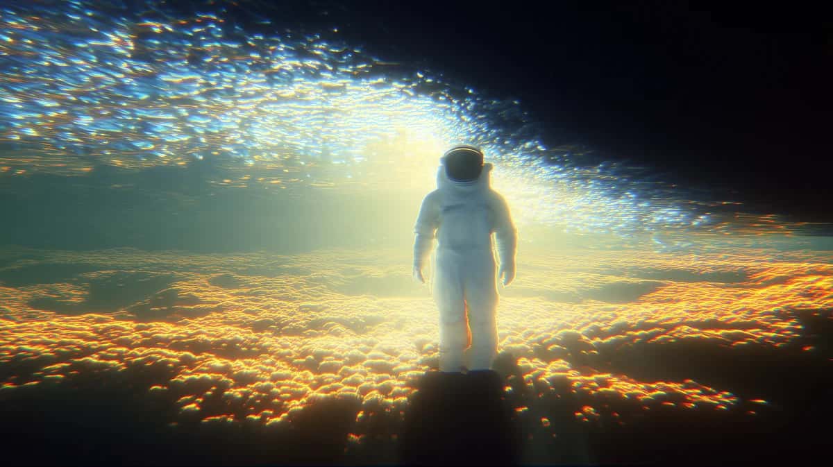 Astronaut in white suit standing above golden clouds beneath bright light rays