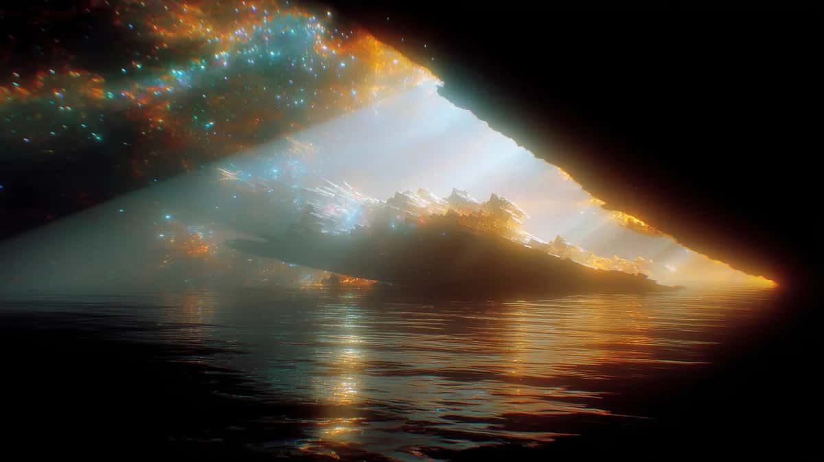 Cave opening with golden and blue light reflecting on water, dramatic sky view