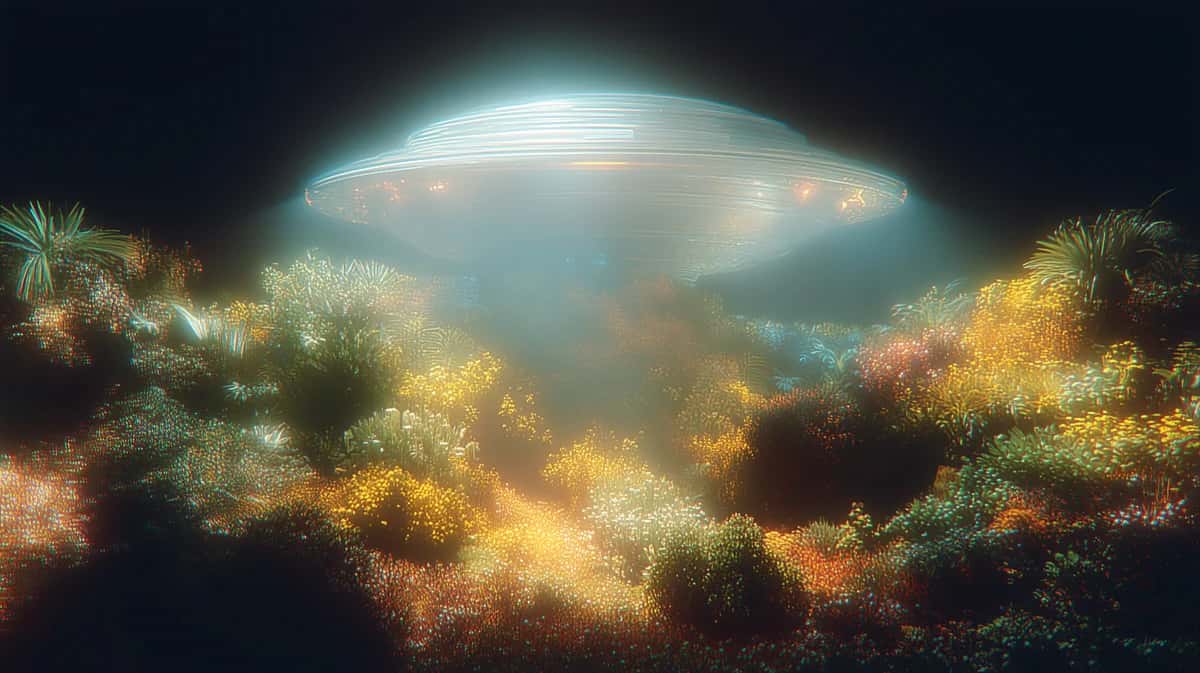 Ethereal UFO hovering above glowing autumn trees, golden and teal lighting, dark sky