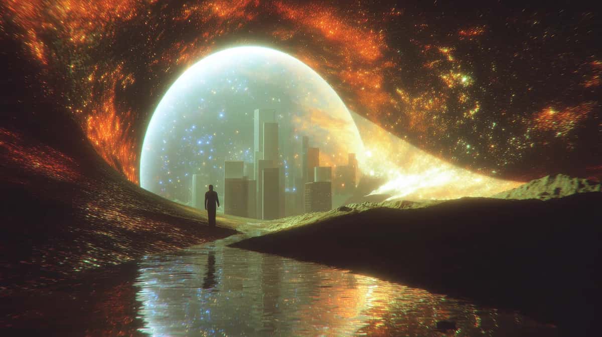 Silhouette figure gazing at glowing futuristic city through cave opening, warm orange and golden light